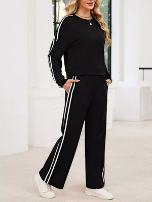 Striped Round Neck Sweatshirt And Pants Set in Black, fit detail