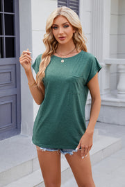 Dark green relaxed cap sleeve t-shirt with a chest pocket and crew neck.