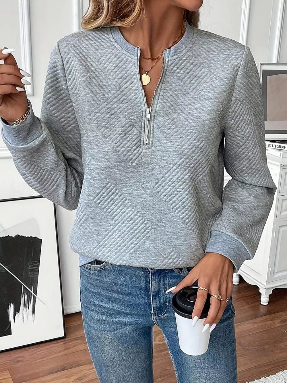 Textured Quarter-zip Sweatshirt in Black, alternate angle