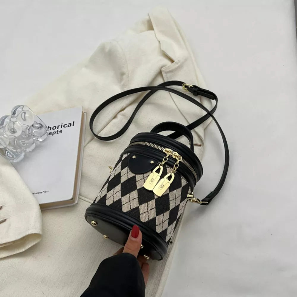 Diamond Pattern Bucket Crossbody Bag in Blush Pink, model styling view