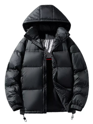 Black puffer jacket with contrast hood and zip-up closure.