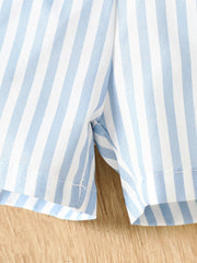Pastel blue and white striped baby shorts with a cotton blend fabric.