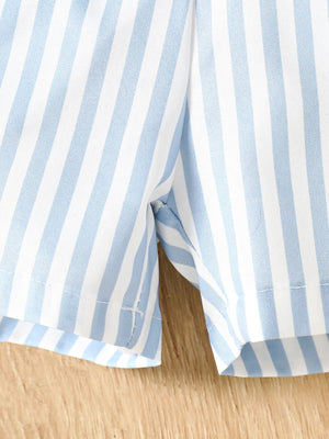 Pastel blue and white striped baby shorts with a cotton blend fabric.