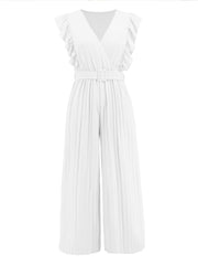 White pleated ruffle wrap jumpsuit with belt