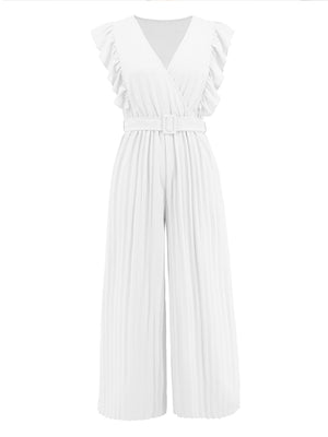 White pleated ruffle wrap jumpsuit with belt