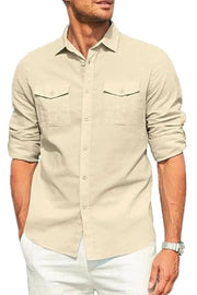 Beige linen utility shirt with two chest pockets and button-down collar.