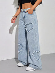 Heart Applique Wide-leg Jeans