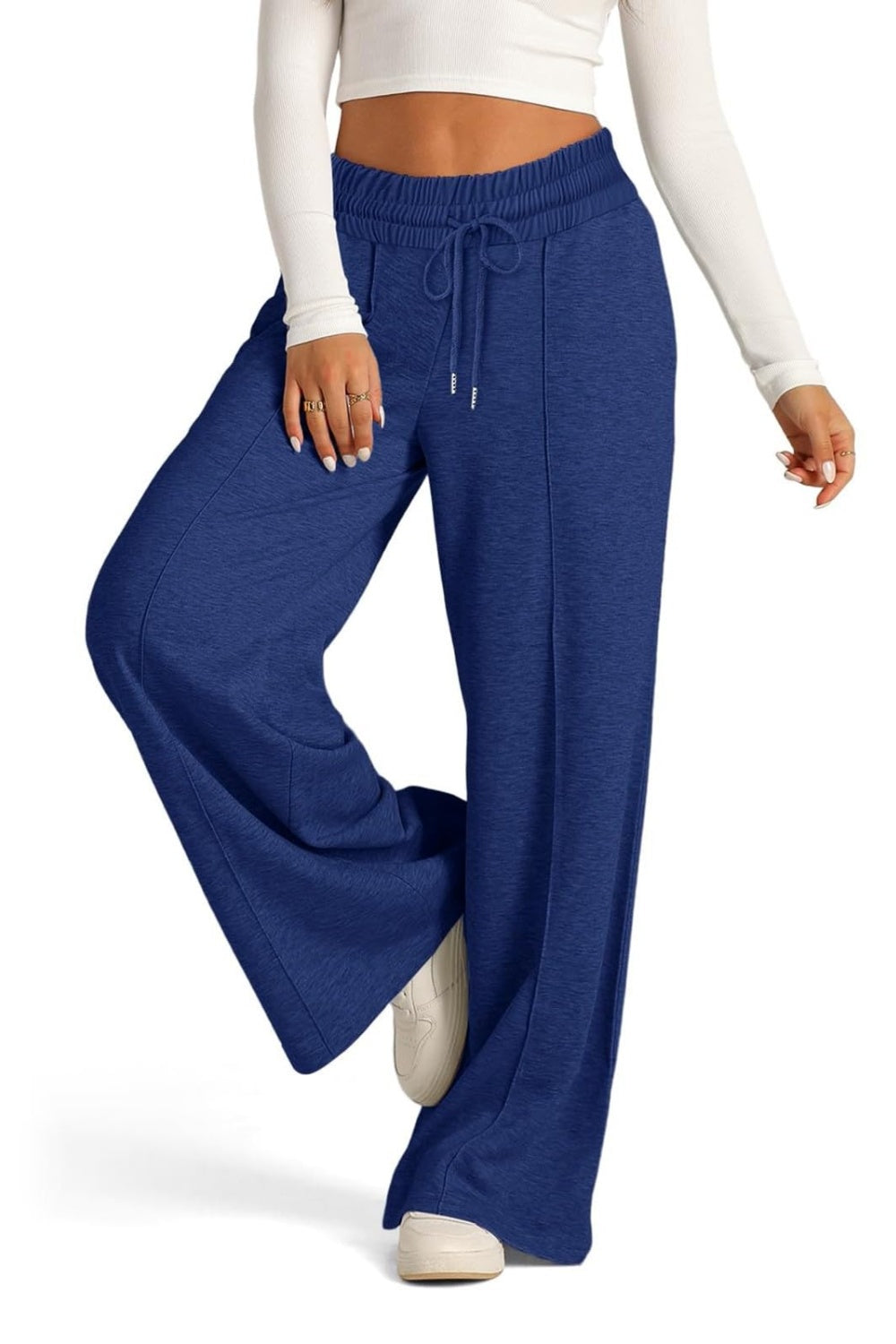 Seamed palazzo lounge trousers in indigo with drawstring waist and wide leg