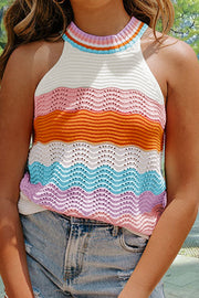 Wavy knit halterneck top with multicolor stripes and open crochet details.