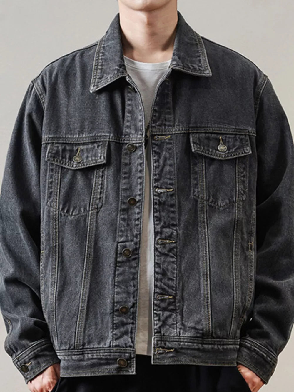 Men's Classic Washed Denim Jacket Plus Size in Dark Gray, front view