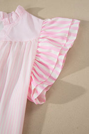 Pink and white striped polyester blouse with ruffled flutter sleeves and neckline.