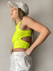 Ribbed cutout crop top in Moss, Orange, Black, White, Caramel, Lemon, Lavender, Gray, or Mid Green.