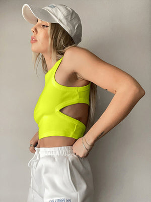 Ribbed cutout crop top in Moss, Orange, Black, White, Caramel, Lemon, Lavender, Gray, or Mid Green.