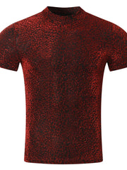 Textured velvet mock neck tee in burgundy with a subtle shimmer.