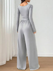 Ruched Square Neck Wide-leg Jumpsuit in Brown, fabric detail