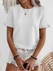 White textured t-shirt with ruffle short sleeves and crew neck.