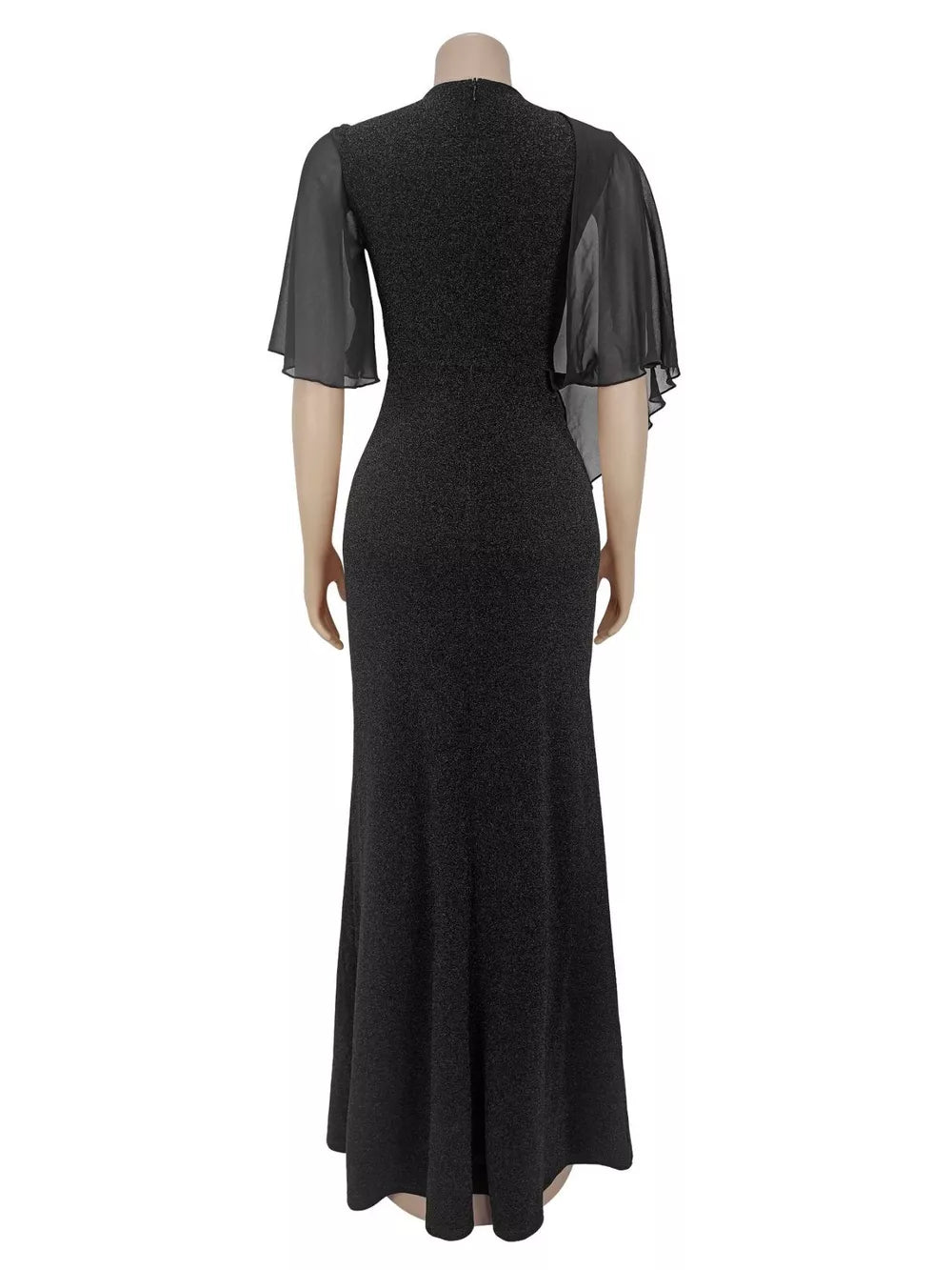 black maxi dress with rhinestone and flutter sleeve