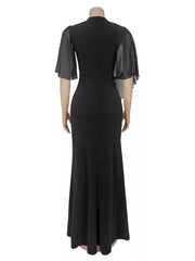 black maxi dress with rhinestone and flutter sleeve