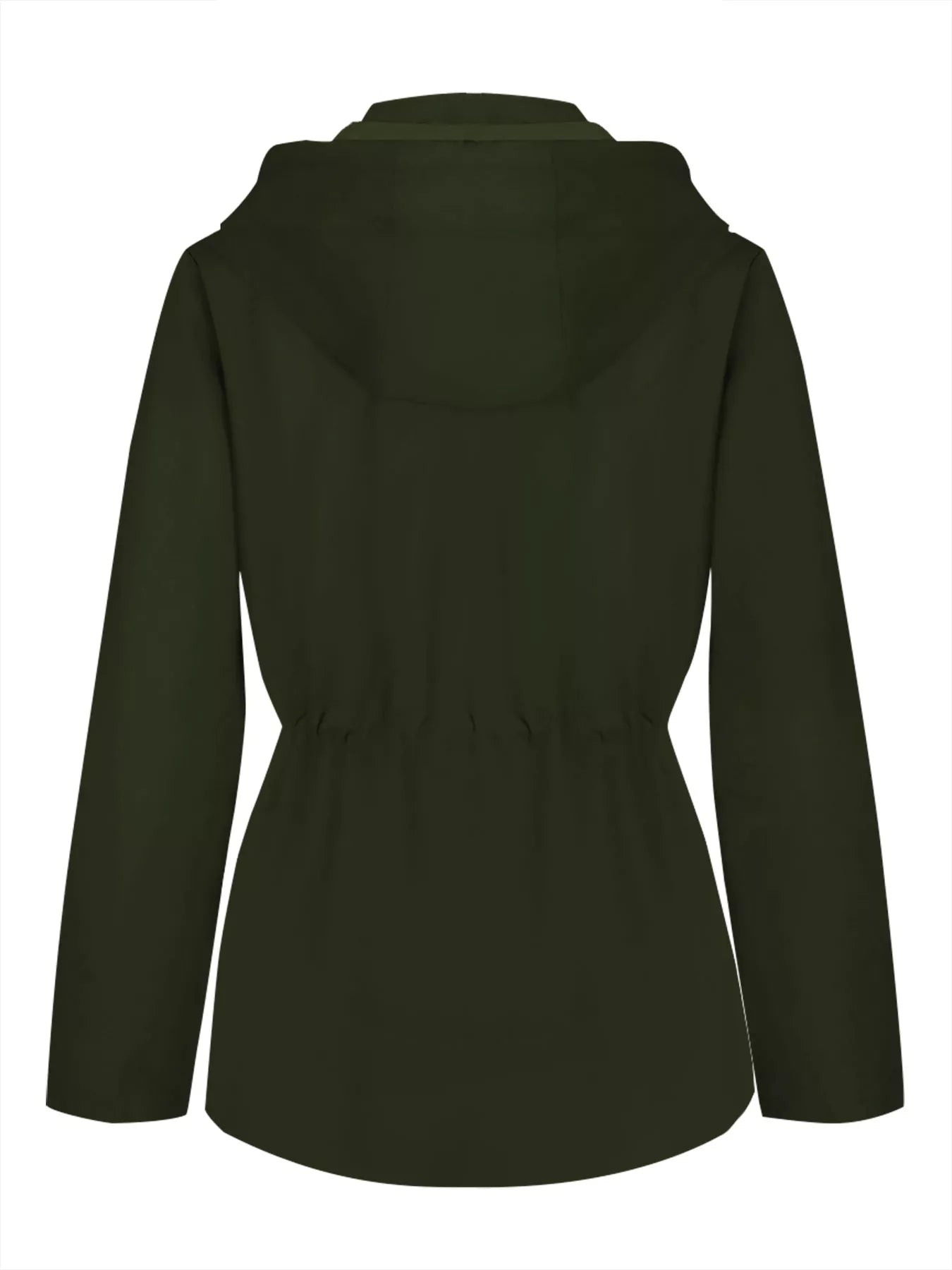 Military green hooded zip-up jacket with drawstring waist and full sleeves.