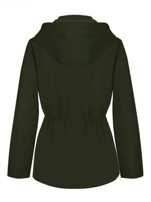 Military green hooded zip-up jacket with drawstring waist and full sleeves.