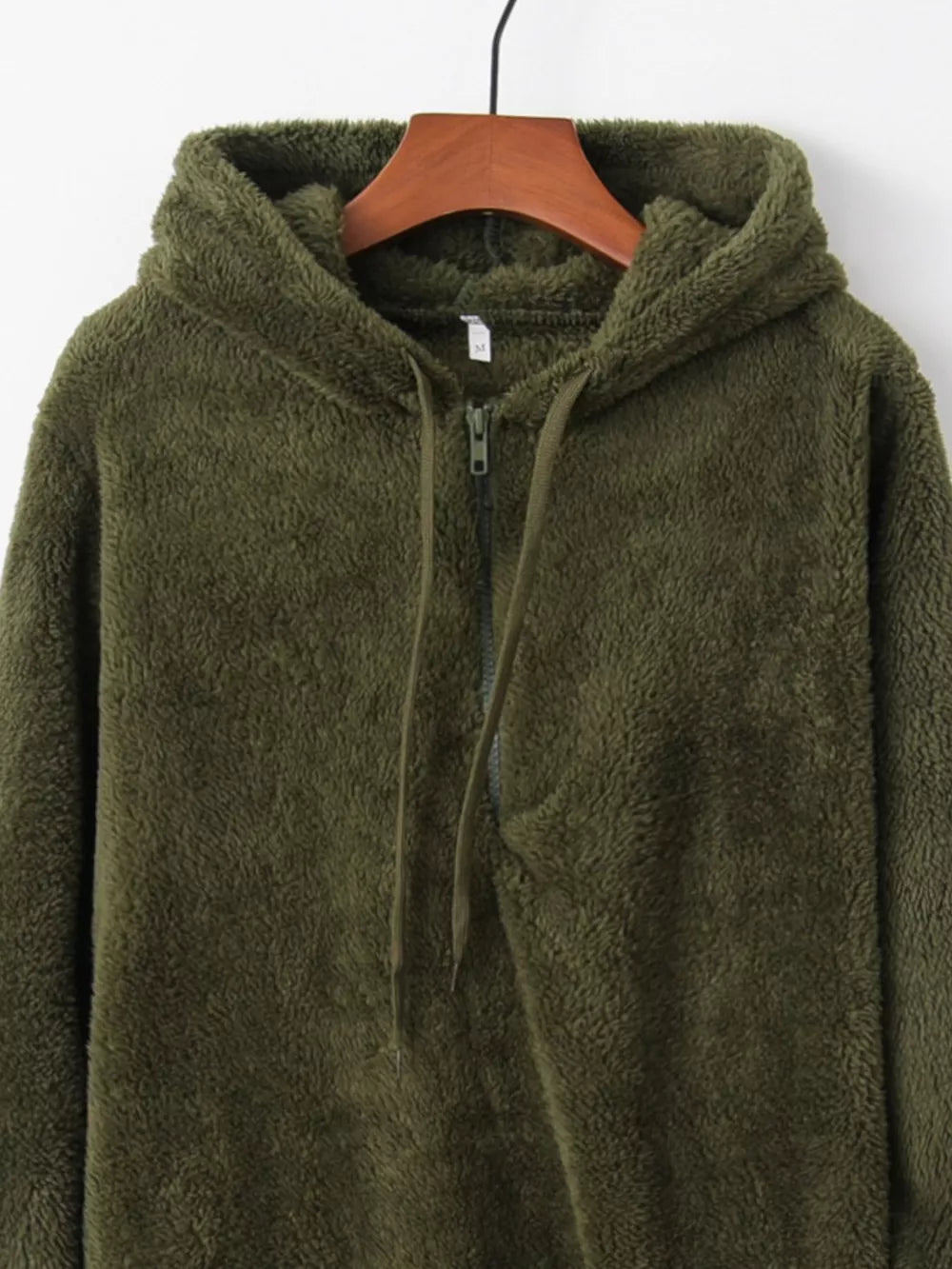 Army green fuzzy fleece half-zip hoodie with drawstring and hood.