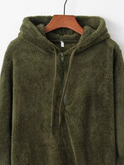 Army green fuzzy fleece half-zip hoodie with drawstring and hood.