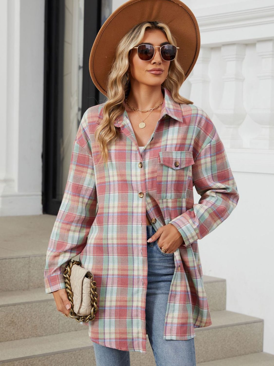Oversized pastel plaid shacket with button front and chest pockets.