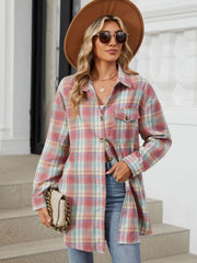 Oversized pastel plaid shacket with button front and chest pockets.