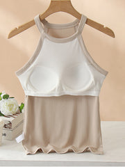 Ribbed halter tank top in Camel with built-in bra and white textured bodice.