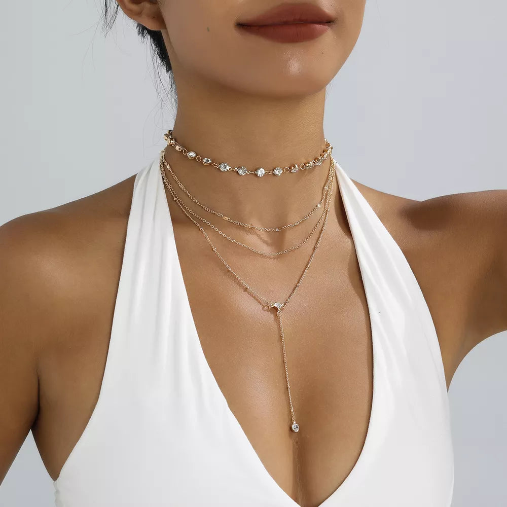 Multi-layered Rhinestone 18k Gold-plated Choker Necklace in Gold, model styling view