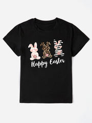 Black t-shirt with three bunny graphics and Happy Easter text.