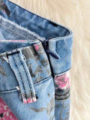 Denim floral print cami and skirt set with a side zipper detail.