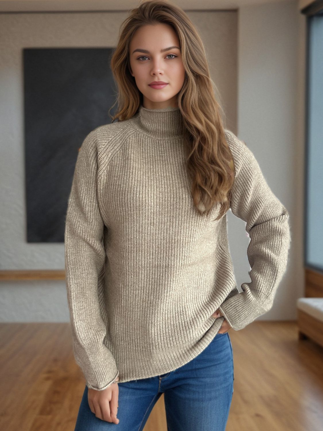 Raglan ribbed turtleneck sweater in Khaki, acrylic knit with a relaxed fit.