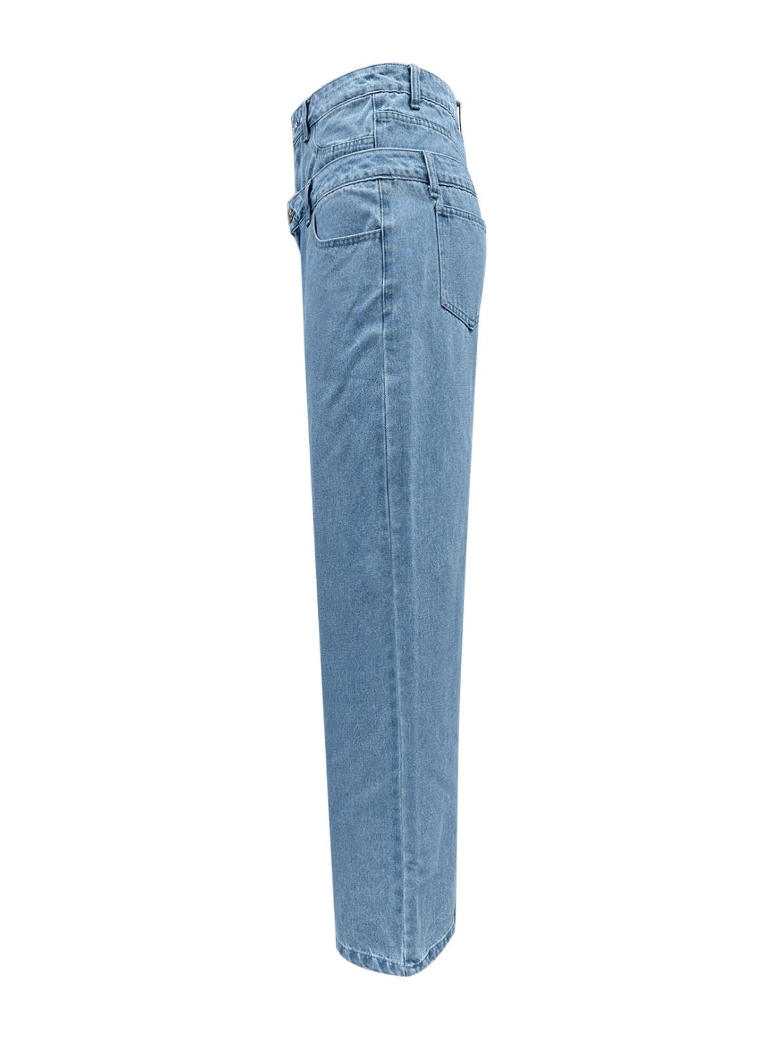 Light wash denim wide-leg trousers with a double-waist detail and button closure.