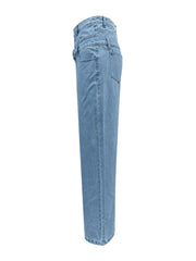Light wash denim wide-leg trousers with a double-waist detail and button closure.