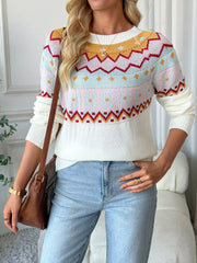 Geometric knit long-sleeve sweater in white with colorful fair isle pattern and crew neck.