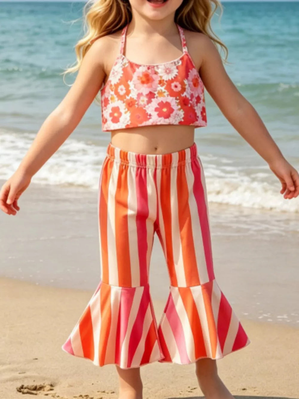 Children's Floral Print Crop Top And Striped Pants Set in Orange Red, front view