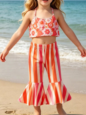 Children's Floral Print Crop Top And Striped Pants Set in Orange Red, front view