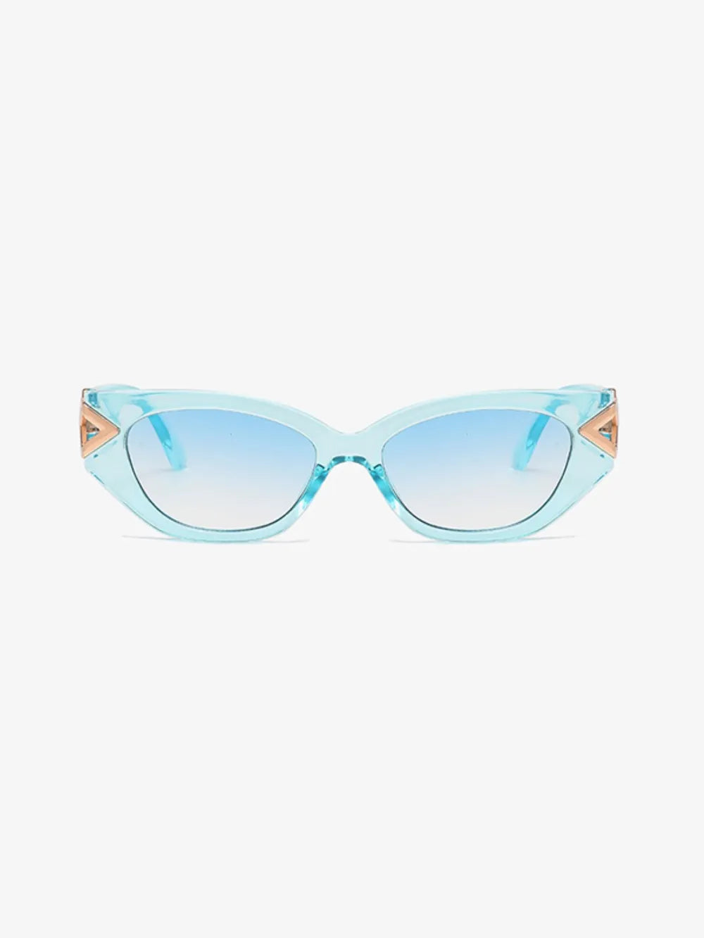 Mint blue cat-eye sunglasses with gold geometric accents and gradient lenses.
