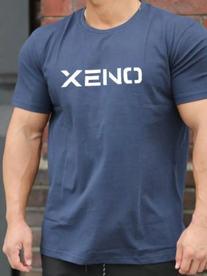Dusty blue athletic fit t-shirt with white XENO logo on chest