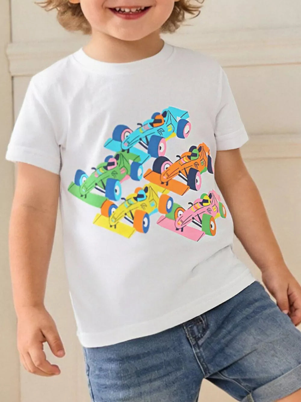 Toddler t-shirt, white, 100% cotton, short sleeves, racing car graphic