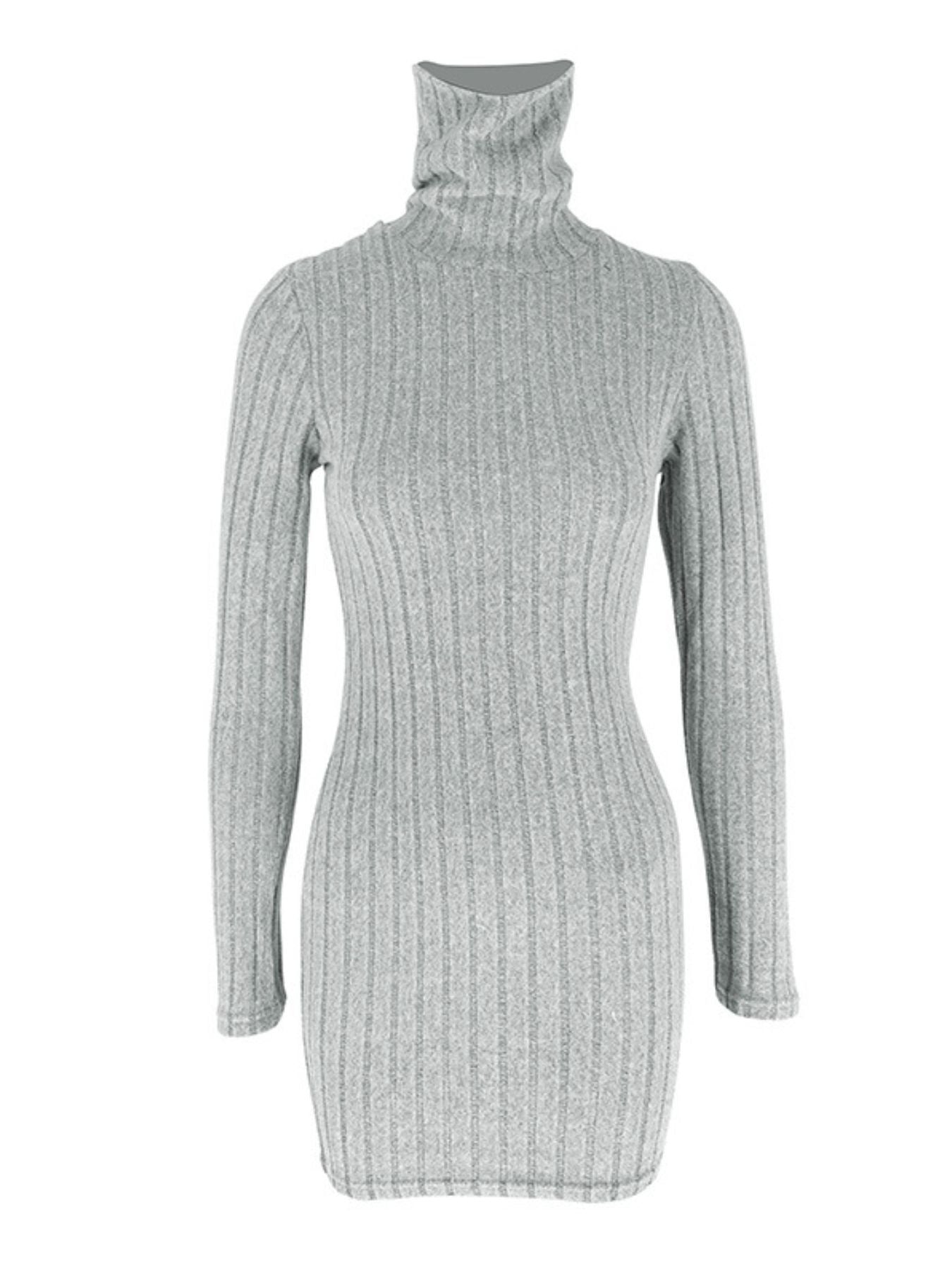 Grey ribbed turtleneck bodycon mini dress with long sleeves.