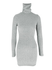 Grey ribbed turtleneck bodycon mini dress with long sleeves.