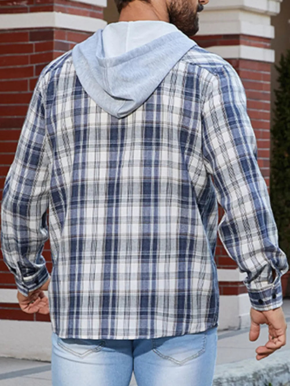 Plaid long sleeve button-up shirt with attached light gray hood, cotton blend.