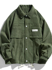 Classic corduroy button-down jacket in army green with two chest pockets and drawstring hem.
