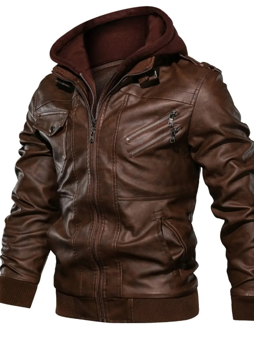 Men's Full Size Hooded Faux Leather Motorcycle Jacket in Black, back view