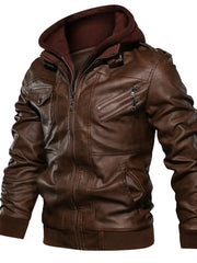 Men's Full Size Hooded Faux Leather Motorcycle Jacket in Black, back view