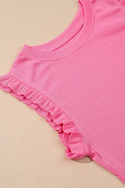 Pink ribbed co-ord set top with ruffled cap sleeves and crew neck.