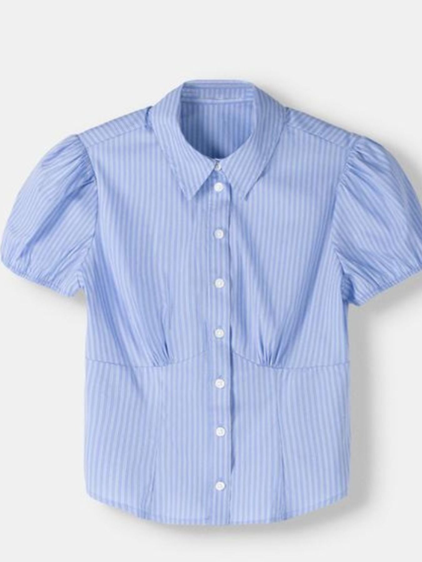 Light blue striped maternity shirt with puff sleeves and gathered waist