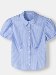 Light blue striped maternity shirt with puff sleeves and gathered waist